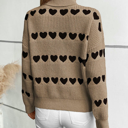 Women's Turtleneck Heart Pullover Knitted Sweater Autumn Casual Knitted Top