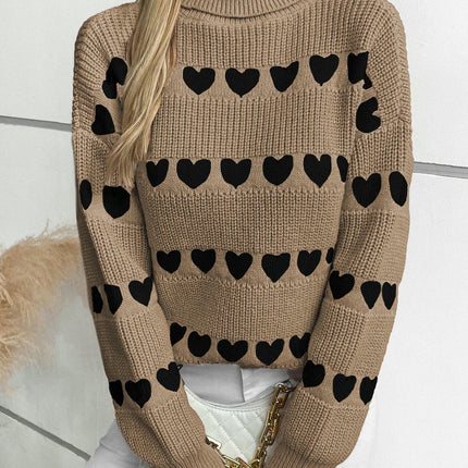 Women's Turtleneck Heart Pullover Knitted Sweater Autumn Casual Knitted Top