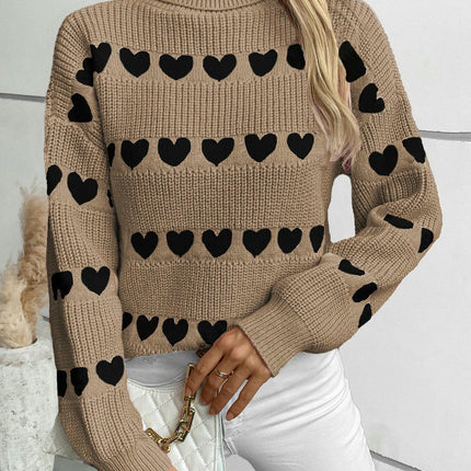 Women's Turtleneck Heart Pullover Knitted Sweater Autumn Casual Knitted Top