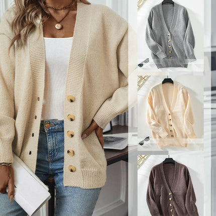 Women's Solid Color Simple Knitted Cardigan Long Sleeve Button Sweater Jacket