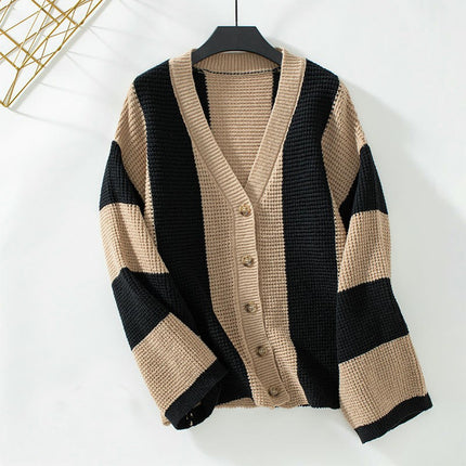 Women's Contrast Striped Knit Cardigan Casual Long Sleeve Button Sweater Jacket
