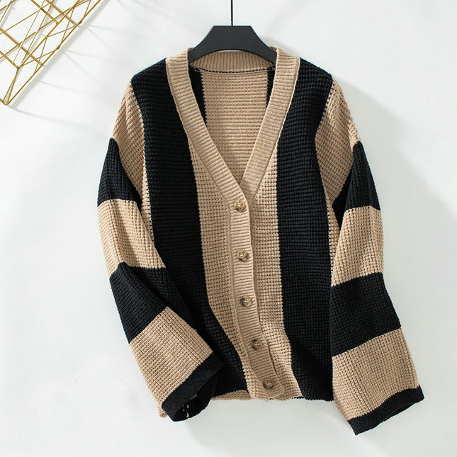 Women's Contrast Striped Knit Cardigan Casual Long Sleeve Button Sweater Jacket