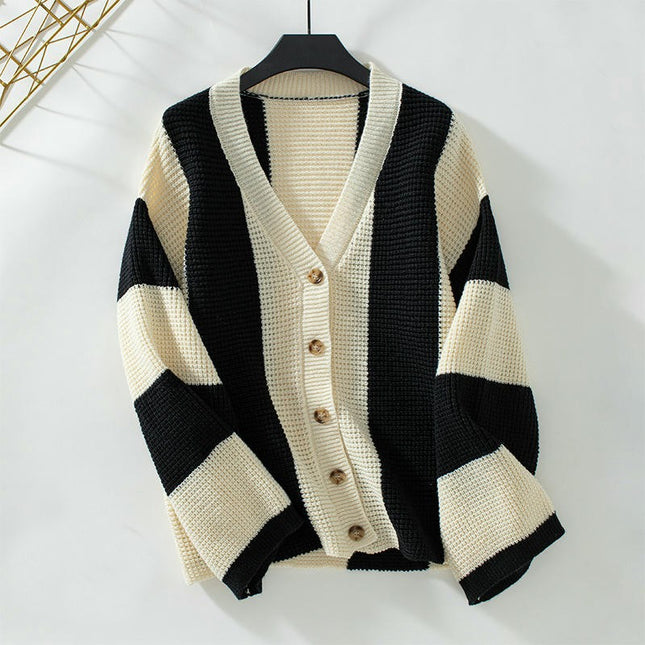 Women's Contrast Striped Knit Cardigan Casual Long Sleeve Button Sweater Jacket