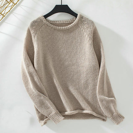 Womens Rolled Hem Pullover Knitted Sweater Autumn Long Sleeve Casual Knitted Top