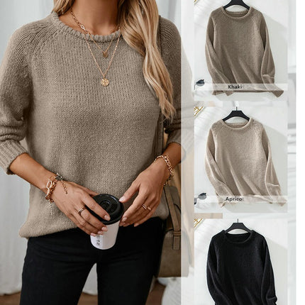 Womens Rolled Hem Pullover Knitted Sweater Autumn Long Sleeve Casual Knitted Top