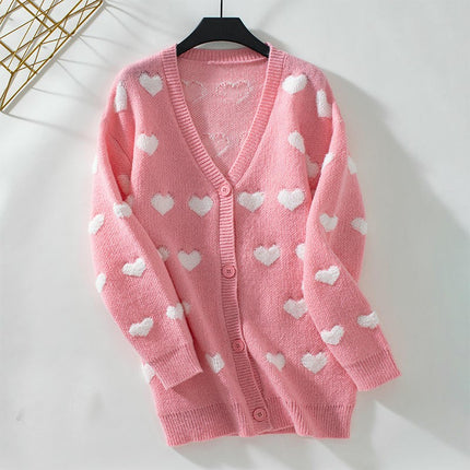 Women's Sweet Heart Knitted Cardigan Loose Long Sleeve Button Sweater Jacket