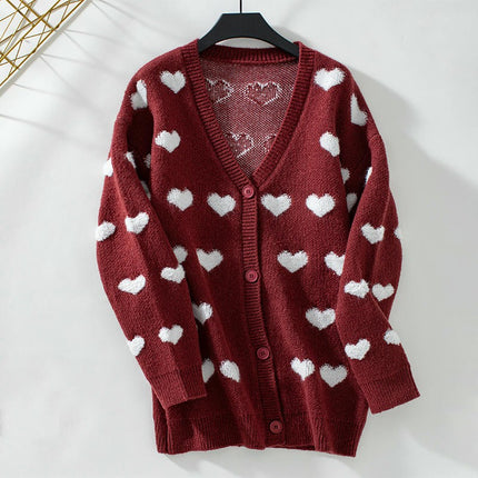 Women's Sweet Heart Knitted Cardigan Loose Long Sleeve Button Sweater Jacket