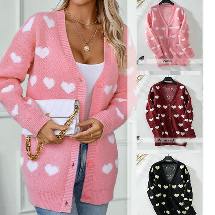 Women's Sweet Heart Knitted Cardigan Loose Long Sleeve Button Sweater Jacket