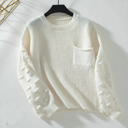 Women's Solid Pocket Pullover Sweater Autumn Long Sleeve Casual Knit Top