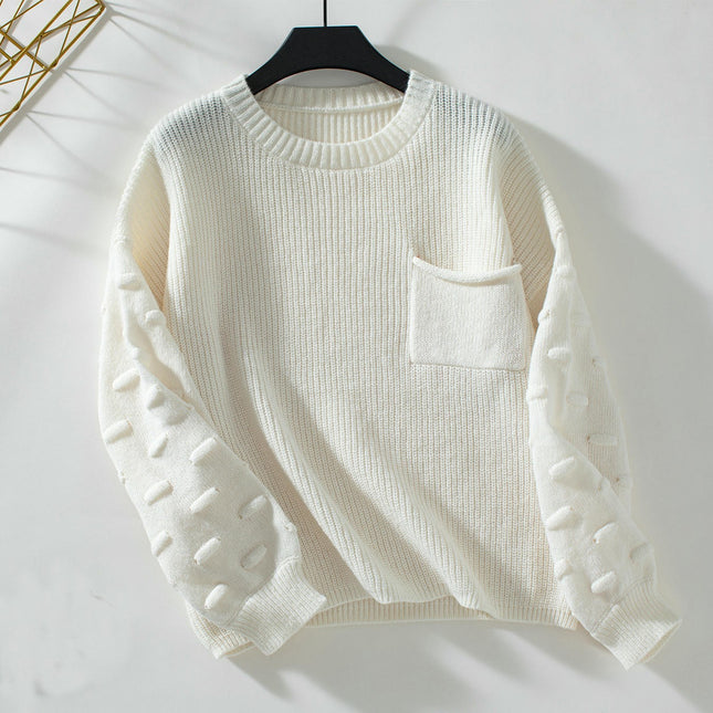 Women's Solid Pocket Pullover Sweater Autumn Long Sleeve Casual Knit Top