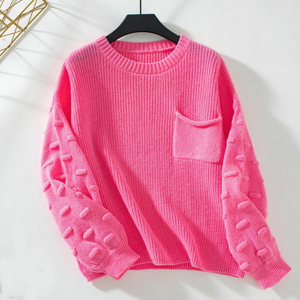 Women's Solid Pocket Pullover Sweater Autumn Long Sleeve Casual Knit Top