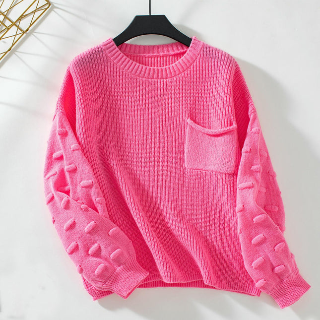 Women's Solid Pocket Pullover Sweater Autumn Long Sleeve Casual Knit Top