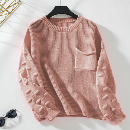 Women's Solid Pocket Pullover Sweater Autumn Long Sleeve Casual Knit Top