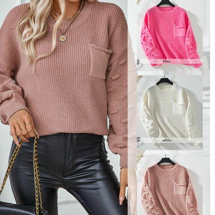 Women's Solid Pocket Pullover Sweater Autumn Long Sleeve Casual Knit Top