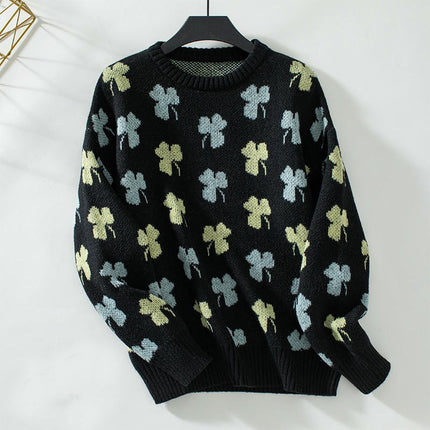 Women's Four-Leaf Clover Jacquard Pullover Sweater Long Sleeve Casual Knit Top