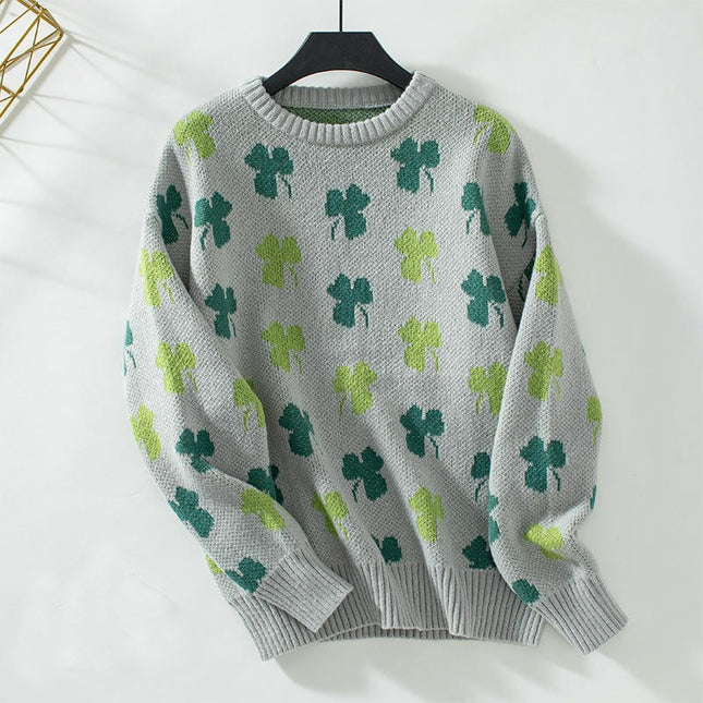 Women's Four-Leaf Clover Jacquard Pullover Sweater Long Sleeve Casual Knit Top