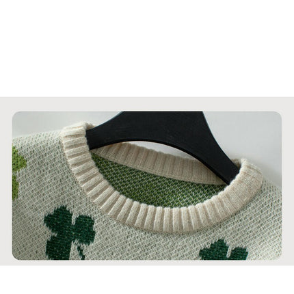 Women's Four-Leaf Clover Jacquard Pullover Sweater Long Sleeve Casual Knit Top