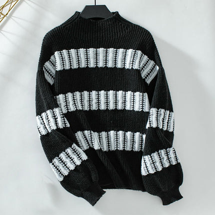 Women's Half Turtleneck Pullover Sweater Autumn Lantern Sleeve Casual Knit Top