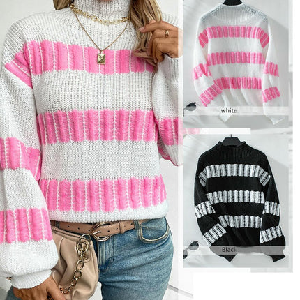 Women's Half Turtleneck Pullover Sweater Autumn Lantern Sleeve Casual Knit Top