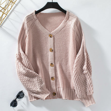 Women's Casual Button Knit Cardigan Loose Lantern Sleeve Sweater Jacket