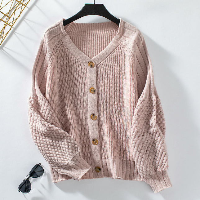 Women's Casual Button Knit Cardigan Loose Lantern Sleeve Sweater Jacket