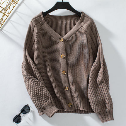 Women's Casual Button Knit Cardigan Loose Lantern Sleeve Sweater Jacket