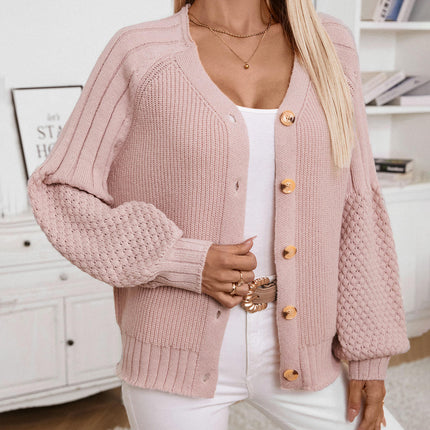 Women's Casual Button Knit Cardigan Loose Lantern Sleeve Sweater Jacket