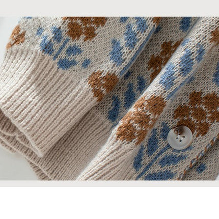 Womens Flower Jacquard Cardigan Sweater Winter Button Long Sleeve Knitted Jacket