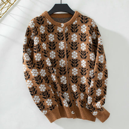 Womens Flower Jacquard Cardigan Sweater Winter Button Long Sleeve Knitted Jacket