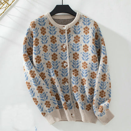 Womens Flower Jacquard Cardigan Sweater Winter Button Long Sleeve Knitted Jacket