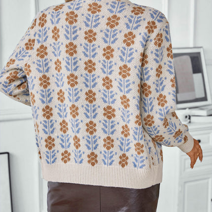 Womens Flower Jacquard Cardigan Sweater Winter Button Long Sleeve Knitted Jacket