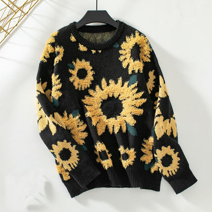 Sunflower Towel Embroidery Round Neck Long Sleeve Knitted Pullover Sweater Women