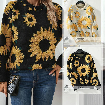 Sunflower Towel Embroidery Round Neck Long Sleeve Knitted Pullover Sweater Women