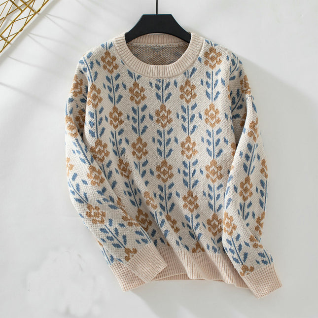 Women's Flower Jacquard Pullover Sweater Autumn Long Sleeve Casual Knit Top