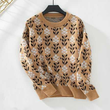 Women's Flower Jacquard Pullover Sweater Autumn Long Sleeve Casual Knit Top