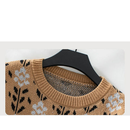 Women's Flower Jacquard Pullover Sweater Autumn Long Sleeve Casual Knit Top