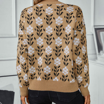Women's Flower Jacquard Pullover Sweater Autumn Long Sleeve Casual Knit Top