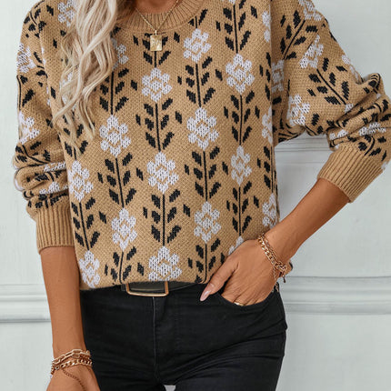 Women's Flower Jacquard Pullover Sweater Autumn Long Sleeve Casual Knit Top