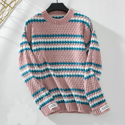Womens Contrast Striped Pullover Chenille Round Neck Sweater Loose Knit Cardigan