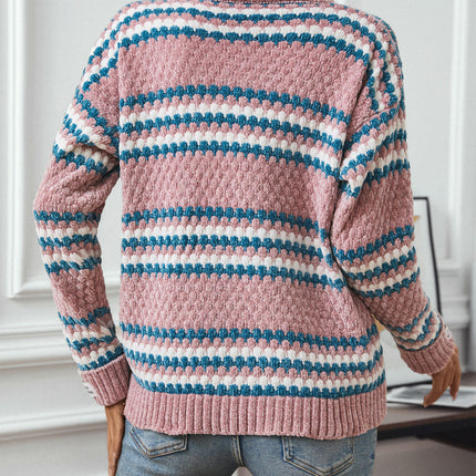 Womens Contrast Striped Pullover Chenille Round Neck Sweater Loose Knit Cardigan