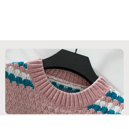 Womens Contrast Striped Pullover Chenille Round Neck Sweater Loose Knit Cardigan