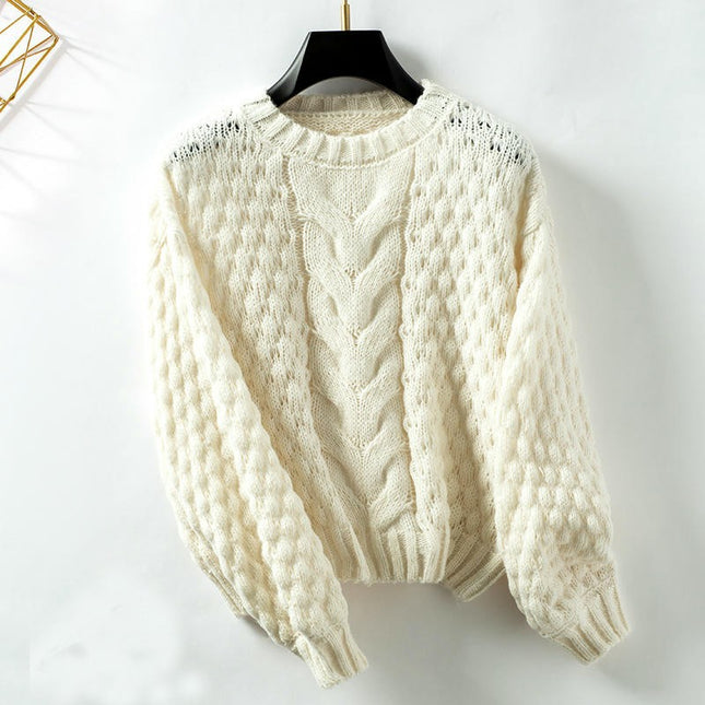 Women's Hollow Cable Pullover Autumn Long Sleeve Casual Loose Knit Top