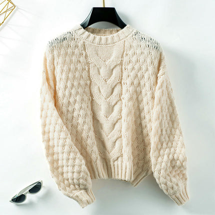 Women's Hollow Cable Pullover Autumn Long Sleeve Casual Loose Knit Top