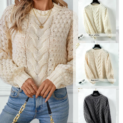 Women's Hollow Cable Pullover Autumn Long Sleeve Casual Loose Knit Top