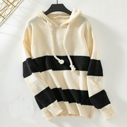 Women's Hooded Drawstring Pullover Sweater Autumn Long Sleeve Casual Knit Top