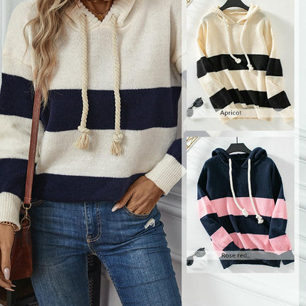 Women's Hooded Drawstring Pullover Sweater Autumn Long Sleeve Casual Knit Top