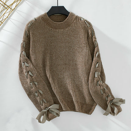 Women's Long-sleeved Satin Tie Round Neck Pullover Casual Loose Knitted Sweater