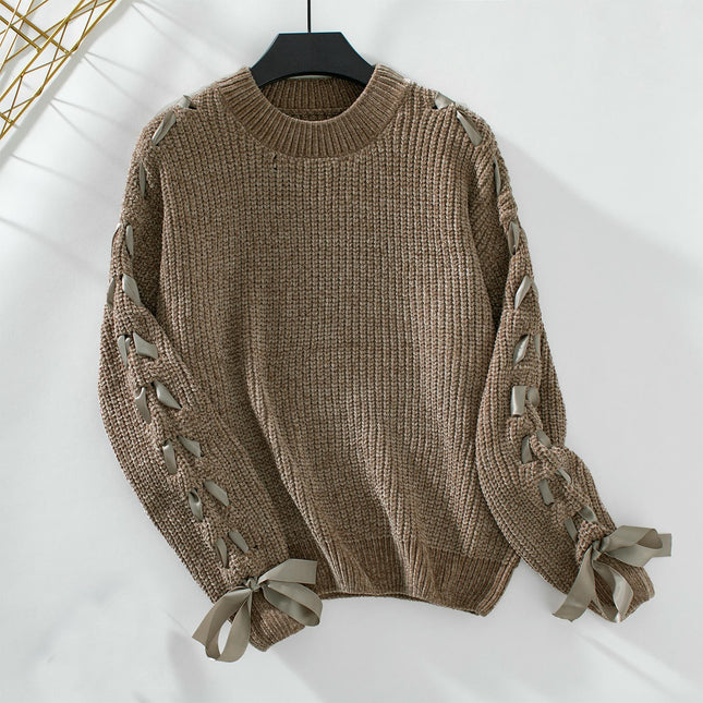 Women's Long-sleeved Satin Tie Round Neck Pullover Casual Loose Knitted Sweater