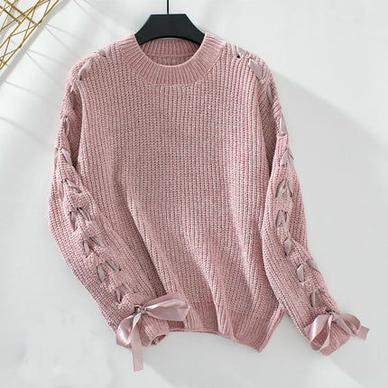 Women's Long-sleeved Satin Tie Round Neck Pullover Casual Loose Knitted Sweater