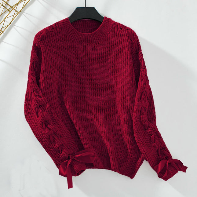 Women's Long-sleeved Satin Tie Round Neck Pullover Casual Loose Knitted Sweater